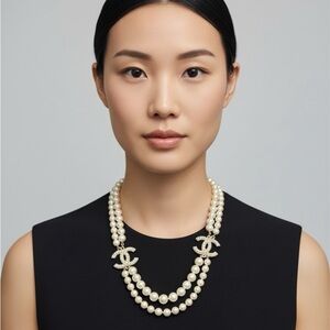 CHANEL Double Strand Pearl Necklace with Silver Logo